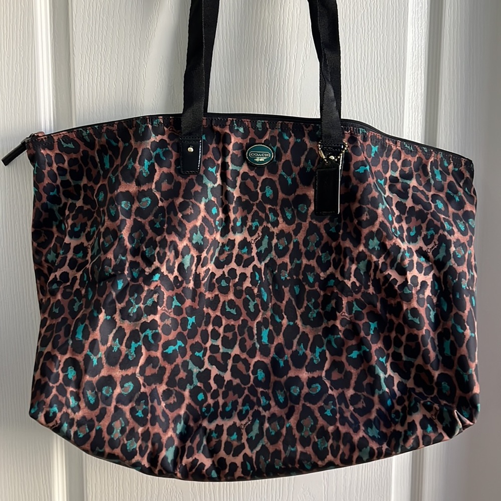 Coach Large Green Leopard Print Travel Bag/Makeup Bag